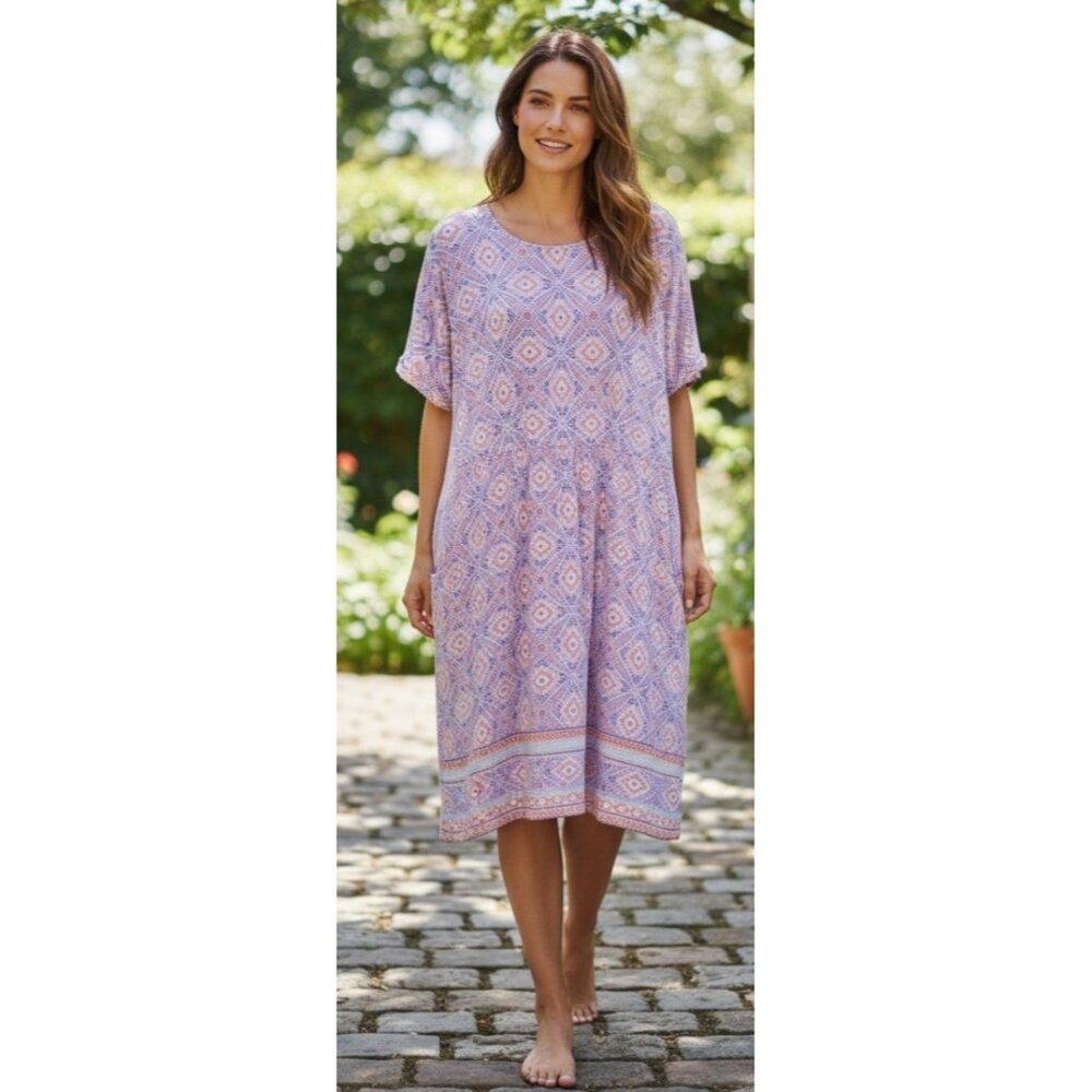 J Jill Purple Boho Short Sleeve Relaxed Fit Shift Jersey Knit Midi Dress L
